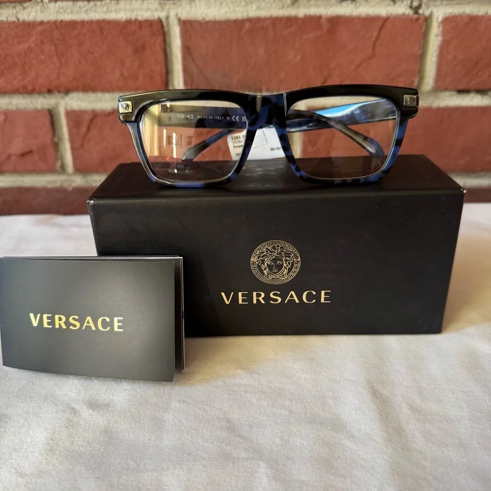 •Versace VE3354 Top Black/Havana Blue Acetate Rectangle Glasses Frame NWT